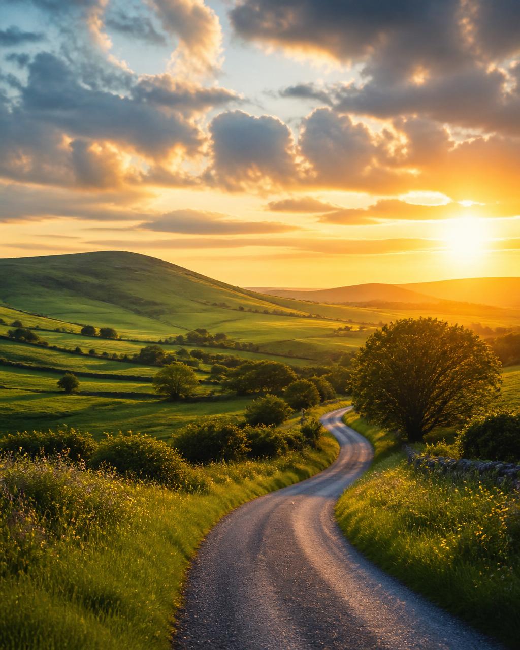 Peaceful Irish countryside at golden hour